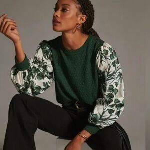 Anthropologie Porridge Textured Sweatshirt Green Floral